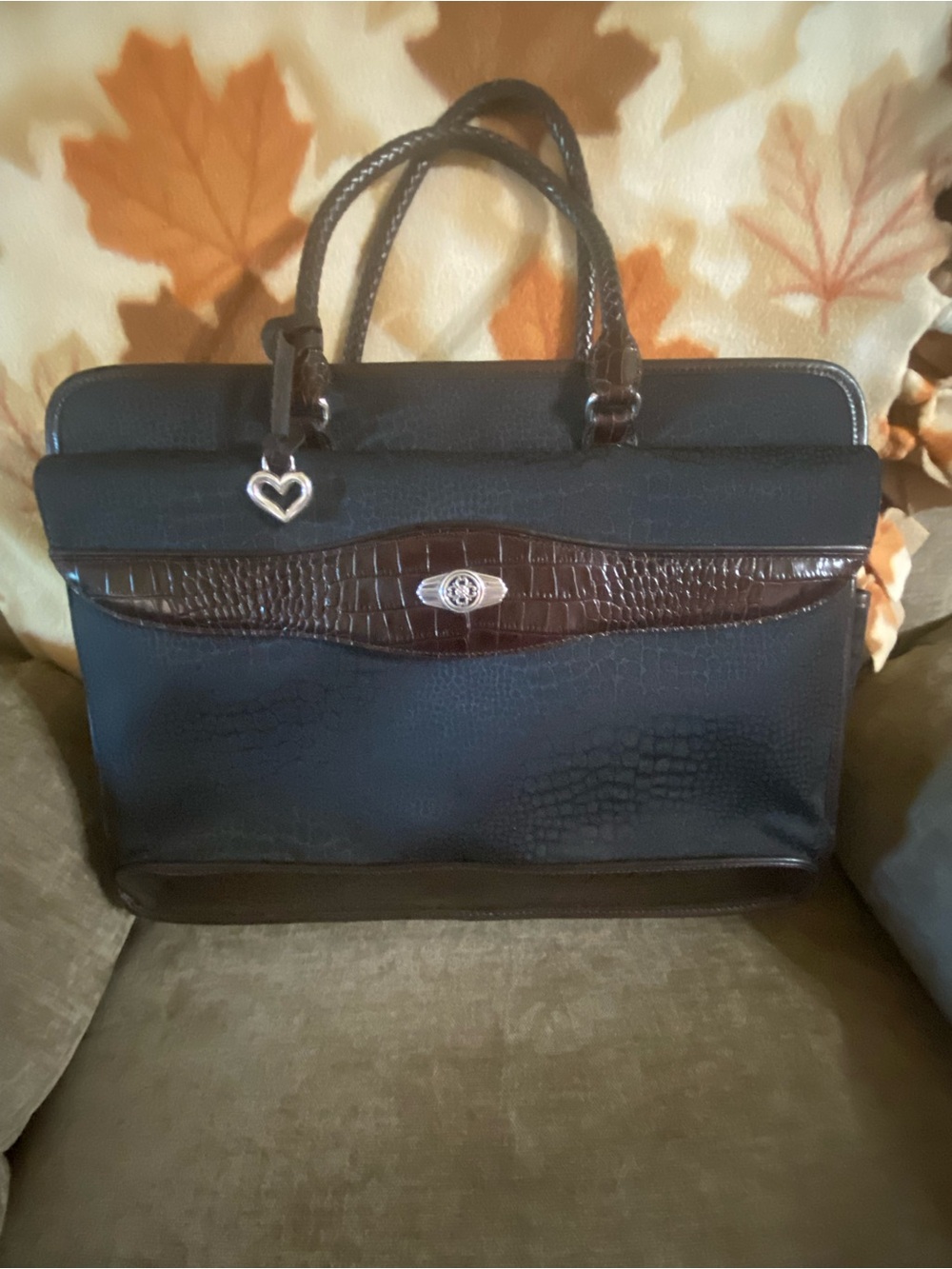 Brighton Black Briefcase with Brown Croc-leather Trim and Heart Charm